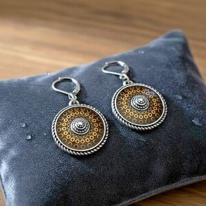 Silver Tone Leverback Dangle Earrings Brown Medallion 1.25 Inch